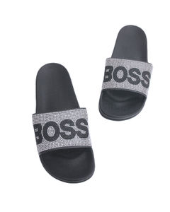Size 11 Silver BOSS Black Slides