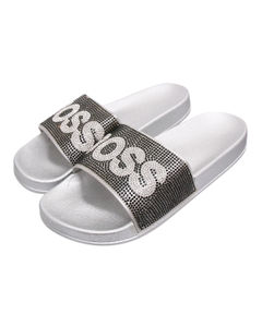 Size 8 Black BOSS Silver Slides