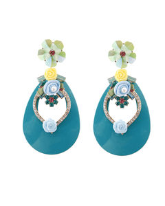Aqua Flower Teardrop Earrings - Pearl & Bead