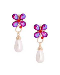Purple Flower Pearl Teardrop Earrings