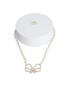 Cream Pearl Rhinestone Bow Necklace