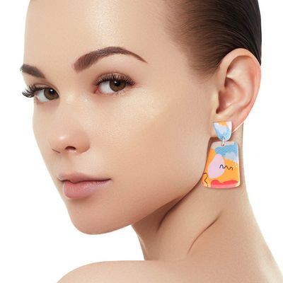 Orangle Marbled Clay Trapezoid Earrings-thumnail