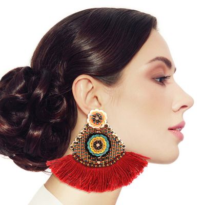 Floral Bead Burgundy Tassel Earrings-thumnail