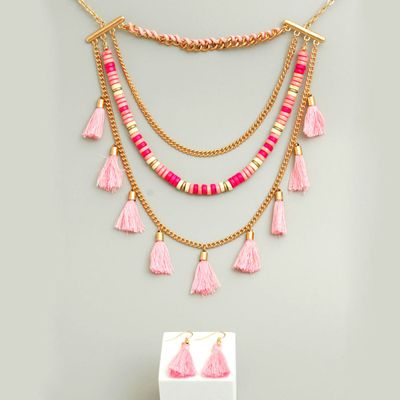 Pink Yarn Tassel Necklace Set-thumnail
