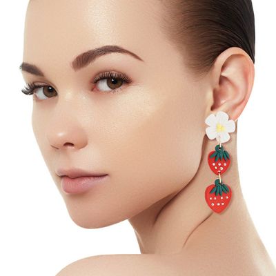 Red Clay Strawberry Dangle Earrings-thumnail