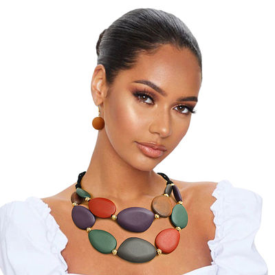 Multi Color Wood Layered Cord Necklace-thumnail