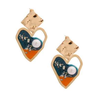 Gold and Blue Resin Heart Earrings-thumnail
