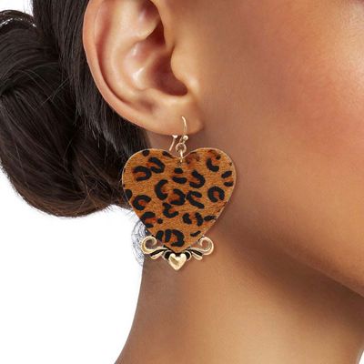 Leopard Print Leather Heart Earrings-thumnail
