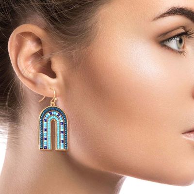 Arched Blue Bead Drop Earrings-thumnail