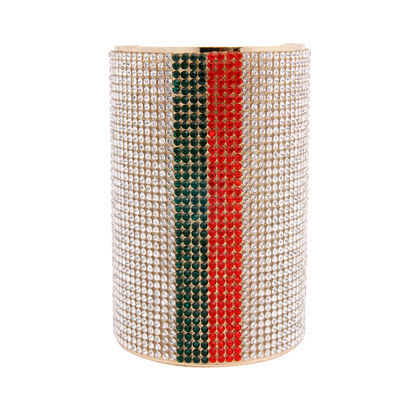Designer Style Rhinestone Cuff Bracelet with Vertical Green and Red Stripes-thumnail