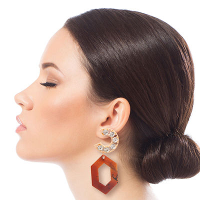 Brown Hexagon Crystal Earrings-thumnail