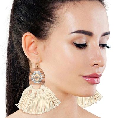 Cream Tassel Wooden Earrings-thumnail