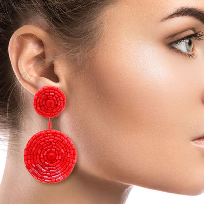 Coral Embroidered Bead Earrings-thumnail