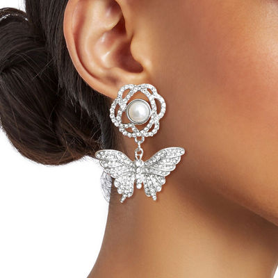 Silver Rose Butterfly Rhinestone Earrings-thumnail