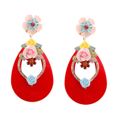 Red Teardrop Earrings with Rhinestone and Flower Detail-thumnail