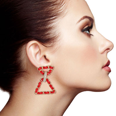 Red Woven Gold Triangle Earrings-thumnail
