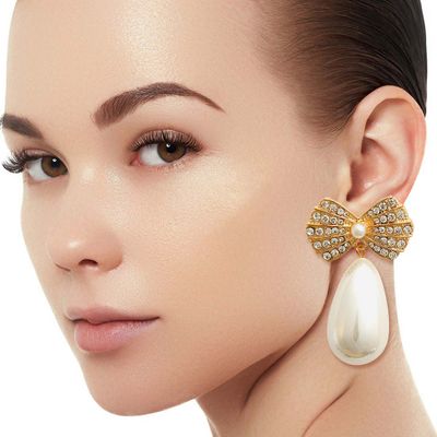 Gold Bow Pearl Teardrop Earrings-thumnail
