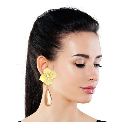 Yellow Flower Gold Teardrop Earrings-thumnail