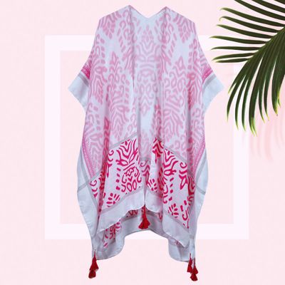 Pink Damask Print Tassel Kimono