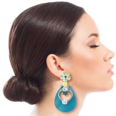 Aqua Teardrop Earrings with Rhinestone and Flower Detail-thumnail