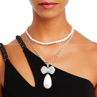 Double Layer Pearl Bow Silver Necklace-thumnail