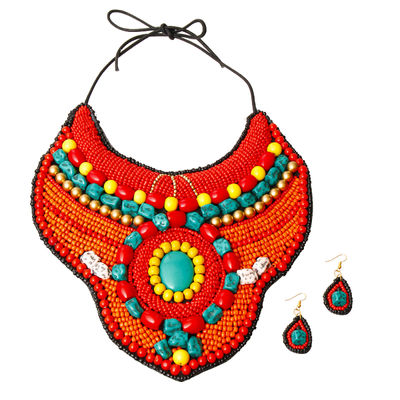 Red and Orange Bead Raised Collar Bib Necklace Set with Turquoise Stone Bead Detail-thumnail