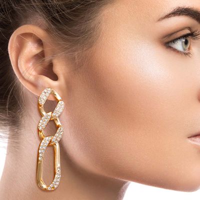 Gold Rhinestone Crusted Chain Earrings-thumnail