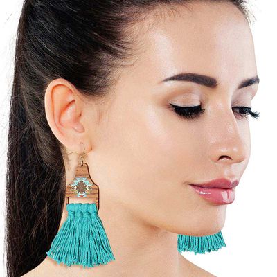 Turquoise Tassel Wooden Earrings-thumnail