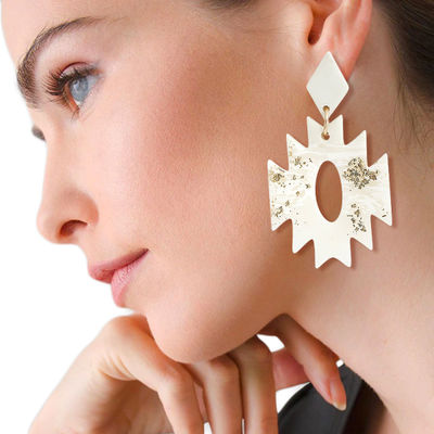 White Marbled Clay Aztec Earrings-thumnail