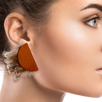 Wood and Feather Earrings-thumnail