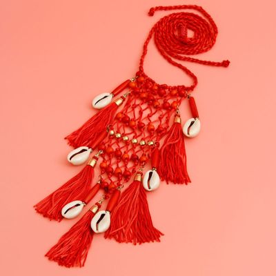 Red Braided String and Cowrie Shell Long Tassel Necklace-thumnail