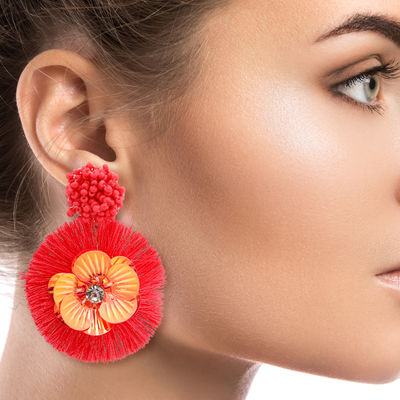 Coral Sequin Flower Tassel Earrings-thumnail