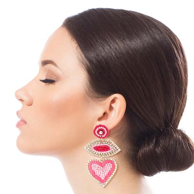 Pink Embroidered Heart Earrings-thumnail