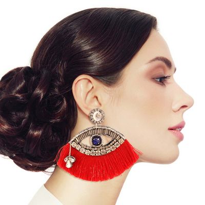 Red Tassel Rhinestone Eye Earrings-thumnail