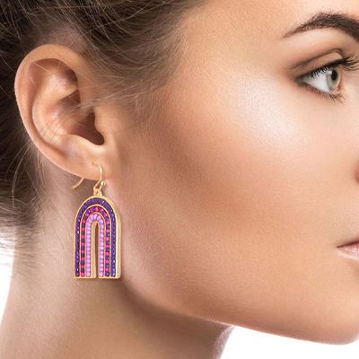 Arched Purple Bead Drop Earrings-thumnail