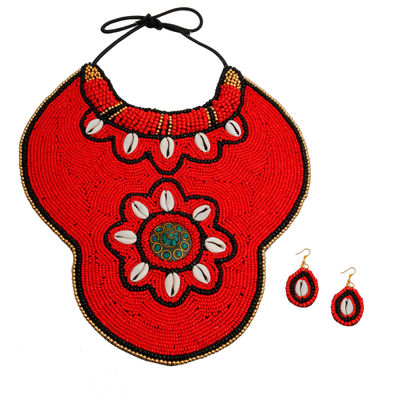 Red Beaded Raised Collar Large Bib Necklace Set with Cowrie Shell and Turquoise Mosaic Detail