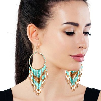 Turquoise and Gold Bead Fringe Circle Earrings-thumnail