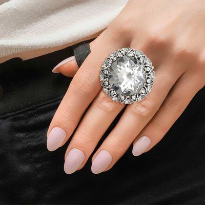 Silver Clear Crystal Vintage Cocktail Ring-thumnail