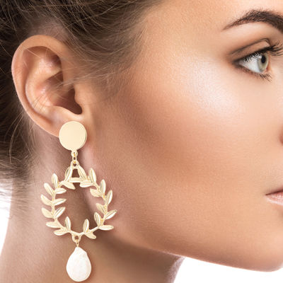 Leaf and Pearl Drop Earrings-thumnail