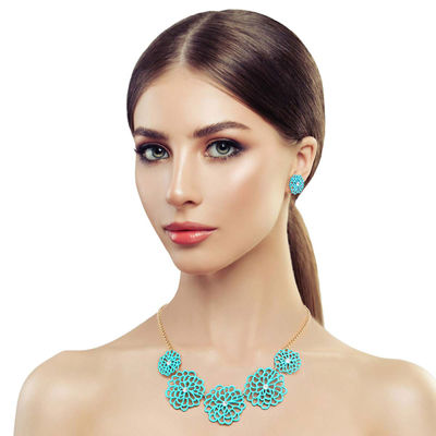 Turquoise Matte Metal Cut Out Flower Necklace-thumnail