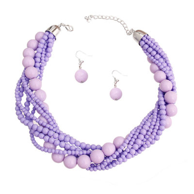 Silver and Lavender Bead Twisted Necklace Set-thumnail