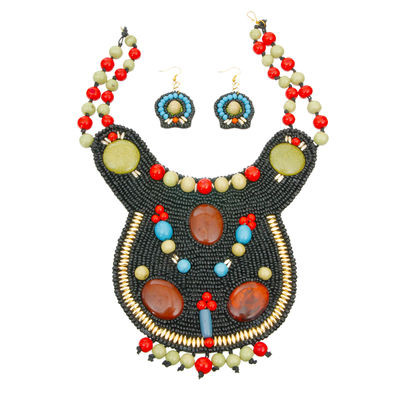 Black Bead Bib Necklace Set with Green and Red Bead Collar and Detail-thumnail