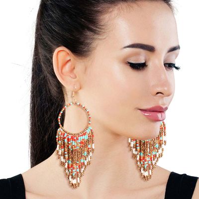 Multi and Gold Bead Fringe Circle Earrings-thumnail