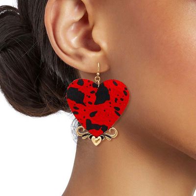 Red Leather Animal Print Heart Earrings-thumnail
