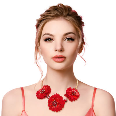 Red Fabric Flower Necklace Set-thumnail