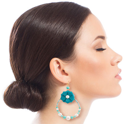 Aqua Flower Teardrop Earrings with Pearl and Bead Detail-thumnail