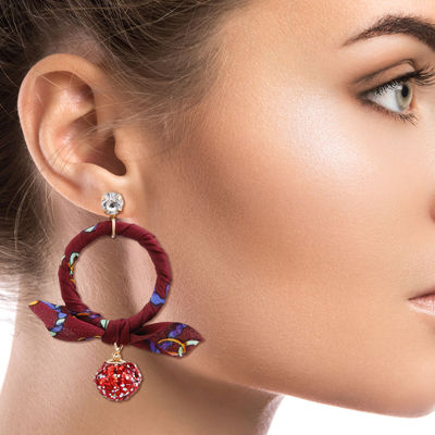 Burgundy Wrapped Ring Earrings Featuring Red Glitter Drop Ball-thumnail
