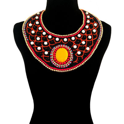 Multi Color with Black and White Bead Embroidered Bib Necklace Set-thumnail