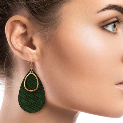 Green Leather Teardrop Earrings-thumnail