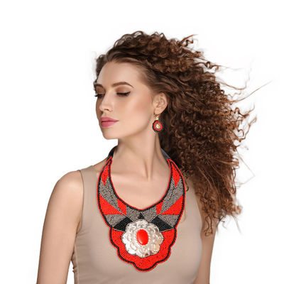 Red and Silver Beaded Bib Necklace Set Featuring Stamped Metal Plate Design-thumnail